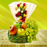 Different Color Roses With Fruit Basket