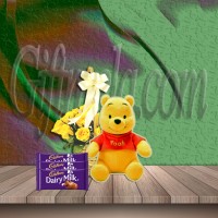 Yellow Roses Basket With Pooh Doll